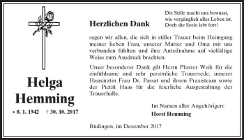 Traueranzeige von Helga Hemming von  Kreisanzeiger
