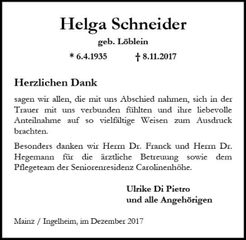 Traueranzeige von Helga Schneider von Trauerportal Rhein Main Presse