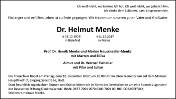 Traueranzeige von Helmut Menke von Trauerportal Rhein Main Presse