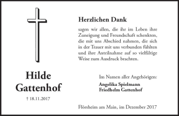 Traueranzeige von Hilde Gattenhof von Trauerportal Rhein Main Presse