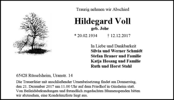 Traueranzeige von Hildegard Voll von Trauerportal Rhein Main Presse