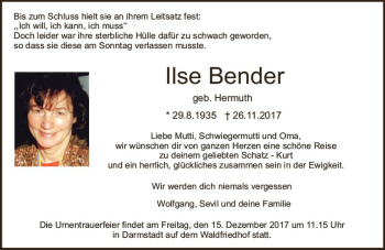 Traueranzeige von Ilse Bender von Trauerportal Echo Online