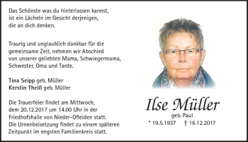 Traueranzeige von Ilse Müller von VRM Trauer