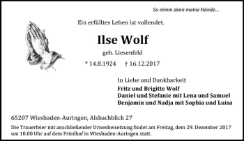 Traueranzeige von Ilse Wolf von Trauerportal Rhein Main Presse