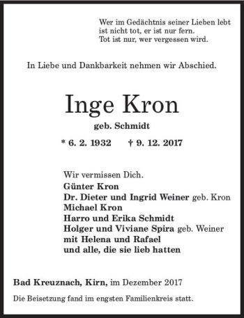 Traueranzeige von Inge Kron von Trauerportal Rhein Main Presse