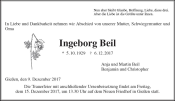 Traueranzeige von Ingeborg Beil von  Gießener Anzeiger