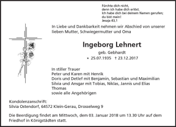 Traueranzeige von Ingeborg Lehnert von Trauerportal Rhein Main Presse