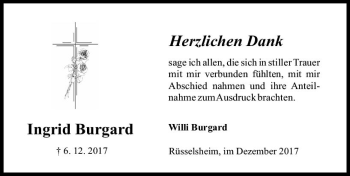 Traueranzeige von Ingrid Burgard von Trauerportal Rhein Main Presse