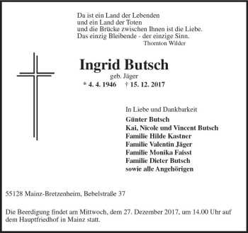 Traueranzeige von Ingrid Butsch von Trauerportal Rhein Main Presse