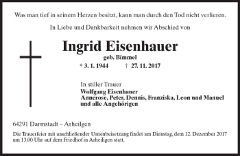 Traueranzeige von Ingrid Eisenhauer von Trauerportal Echo Online
