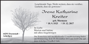 Traueranzeige von Irene Katharine Kreiter von Trauerportal Echo Online
