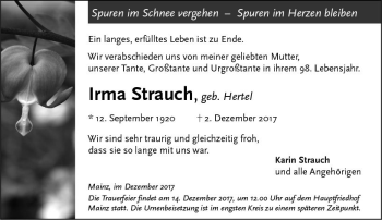 Traueranzeige von Irma Strauch von Trauerportal Rhein Main Presse