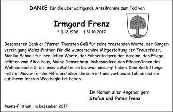 Traueranzeige von Irmgard Frenz von Trauerportal Rhein Main Presse