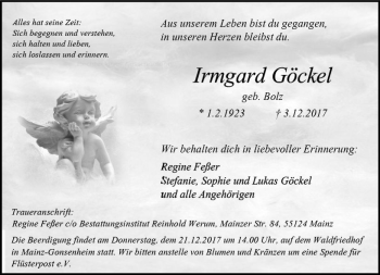 Traueranzeige von Irmgard Göckel von Trauerportal Rhein Main Presse