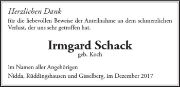 Traueranzeige von Irmgard Schack von  Gießener Anzeiger