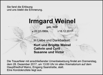 Traueranzeige von Irmgard Weine von Trauerportal Rhein Main Presse