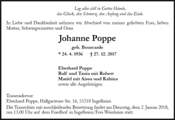 Traueranzeige von Johanne Poppe von  Gießener Anzeiger