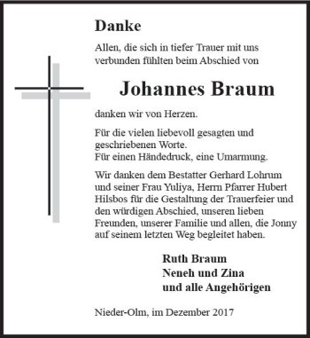 Traueranzeige von Johannes Braum von Trauerportal Rhein Main Presse