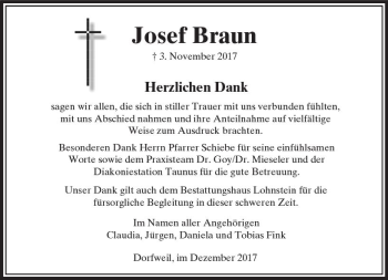 Traueranzeige von Josef Braun von  Usinger Anzeiger