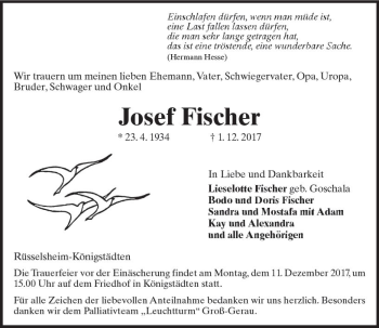 Traueranzeige von Josef Fischer von Trauerportal Rhein Main Presse