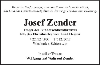 Traueranzeige von Josef Zender von  Kreisanzeiger