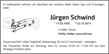 Traueranzeige von Jürgen Schwind von Trauerportal Echo Online