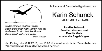 Traueranzeige von Karin Schunck von Trauerportal Echo Online