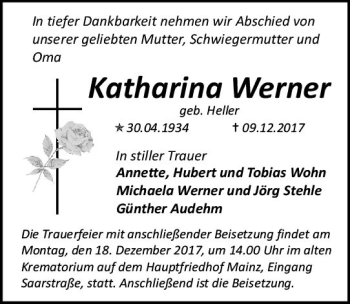 Traueranzeige von Katharina Werner von Trauerportal Rhein Main Presse