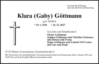 Traueranzeige von Klara  Göttmann von Trauerportal Rhein Main Presse