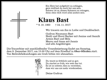 Traueranzeige von Klaus Bast von VRM Trauer