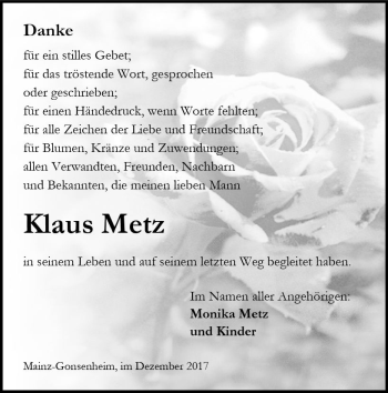 Traueranzeige von Klaus Metz von Trauerportal Rhein Main Presse
