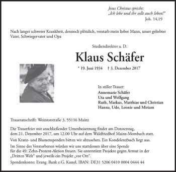 Traueranzeige von Klaus Schäfer von Trauerportal Rhein Main Presse
