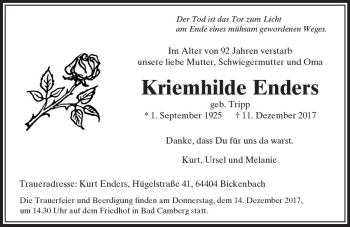 Traueranzeige von Kriemhilde Enders von  Camberger Anzeiger