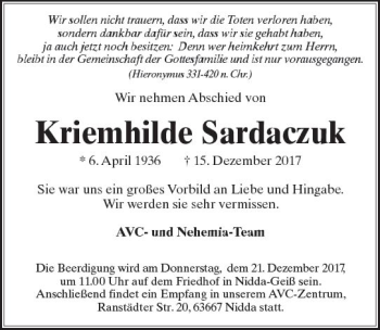 Traueranzeige von Kriemhilde Sardaczuk von  Kreisanzeiger