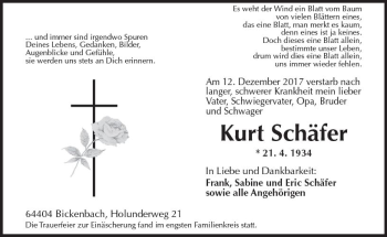Traueranzeige von Kurt Schäfer von Trauerportal Echo Online