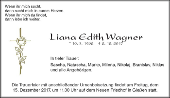 Traueranzeige von Liana Edith Wagner von  Gießener Anzeiger