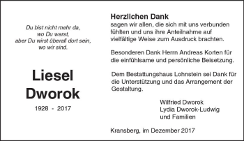 Traueranzeige von Liesel Dworok von  Usinger Anzeiger