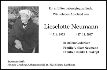 Traueranzeige von Lieselotte Neumann von Trauerportal Rhein Main Presse