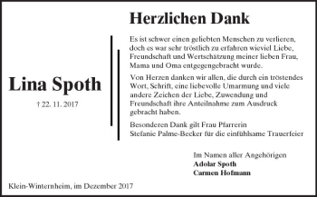 Traueranzeige von Lina Spoth von Trauerportal Rhein Main Presse