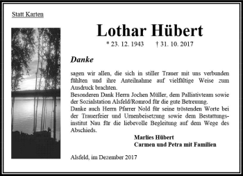 Traueranzeige von Lothar Hübert von VRM Trauer