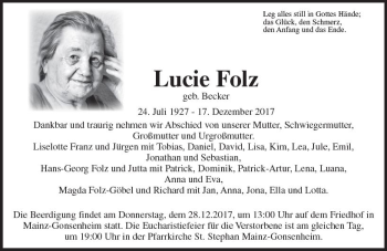 Traueranzeige von Lucie Folz von Trauerportal Rhein Main Presse