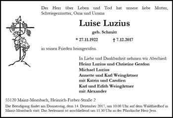 Traueranzeige von Luise Luzius von Trauerportal Rhein Main Presse