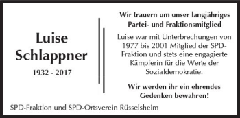 Traueranzeige von Luise Schlappner von Trauerportal Rhein Main Presse