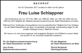 Traueranzeige von Luise Schlappner von Trauerportal Rhein Main Presse