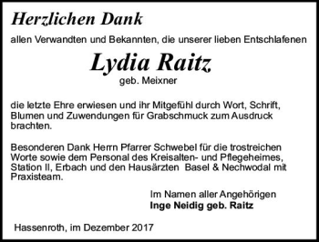 Traueranzeige von Lydia Raitz von Trauerportal Echo Online