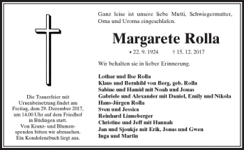 Traueranzeige von Margarete Rolla von  Kreisanzeiger