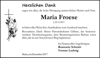 Traueranzeige von Maria Froese von Trauerportal Rhein Main Presse
