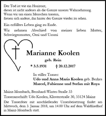 Traueranzeige von Marianne Koolen von Trauerportal Rhein Main Presse