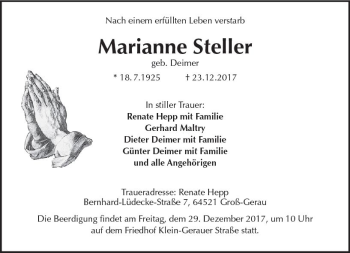 Traueranzeige von Marianne Steller von Trauerportal Echo Online