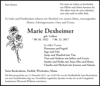 Traueranzeige von Marie Dexheimer von Trauerportal Rhein Main Presse